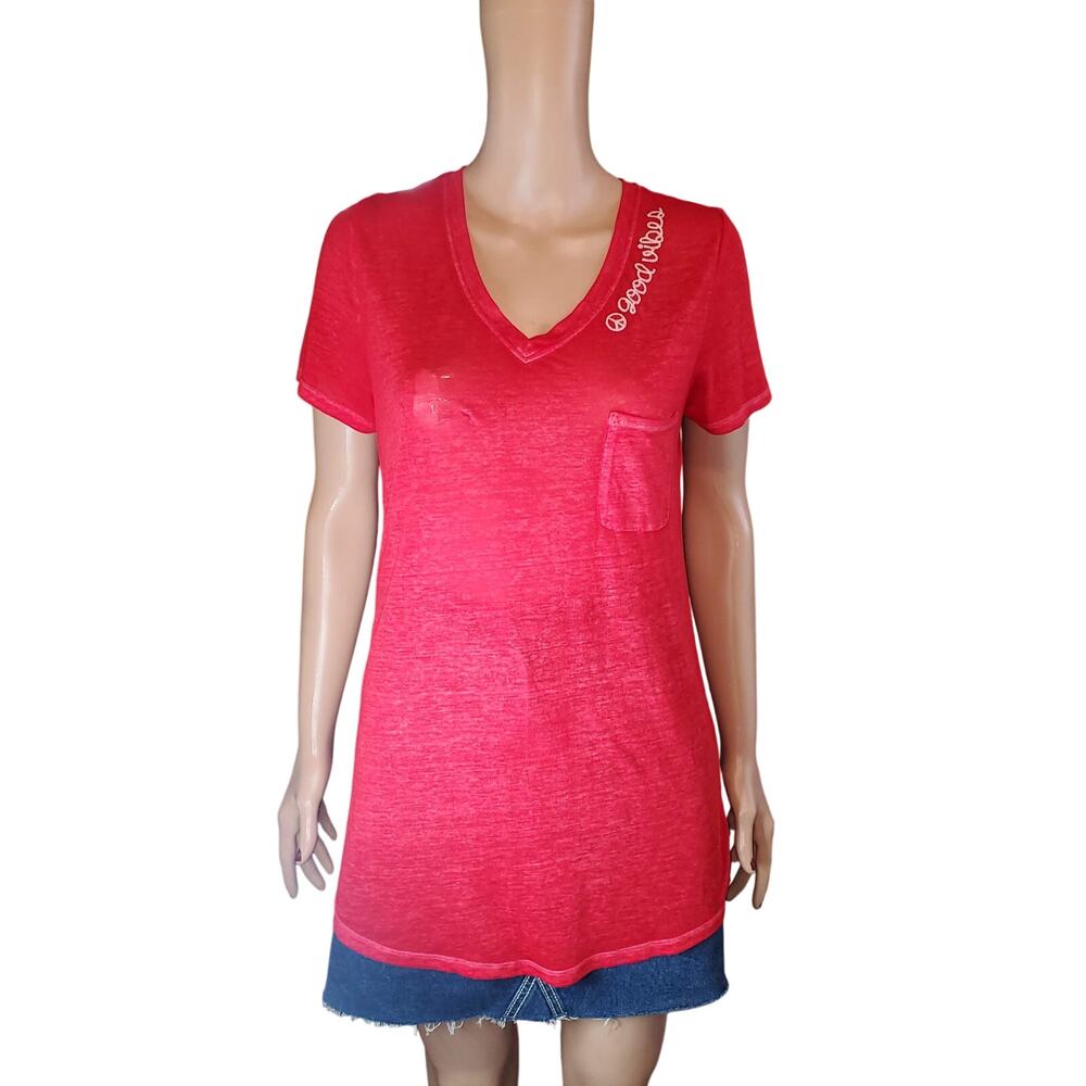 PEACE & PEARLS Burnout V Neck Long Pocket Tee "Good Vibes" Red Small
